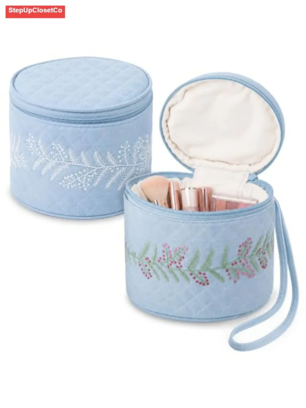 Linen Cosmetic Display Case Set of 2 Cylinder Travel Makeup Organizer with